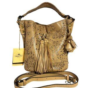 Patricia Nash Laser Lace & Foil Otavia Bucket Bag with Leather ROSES Tassel